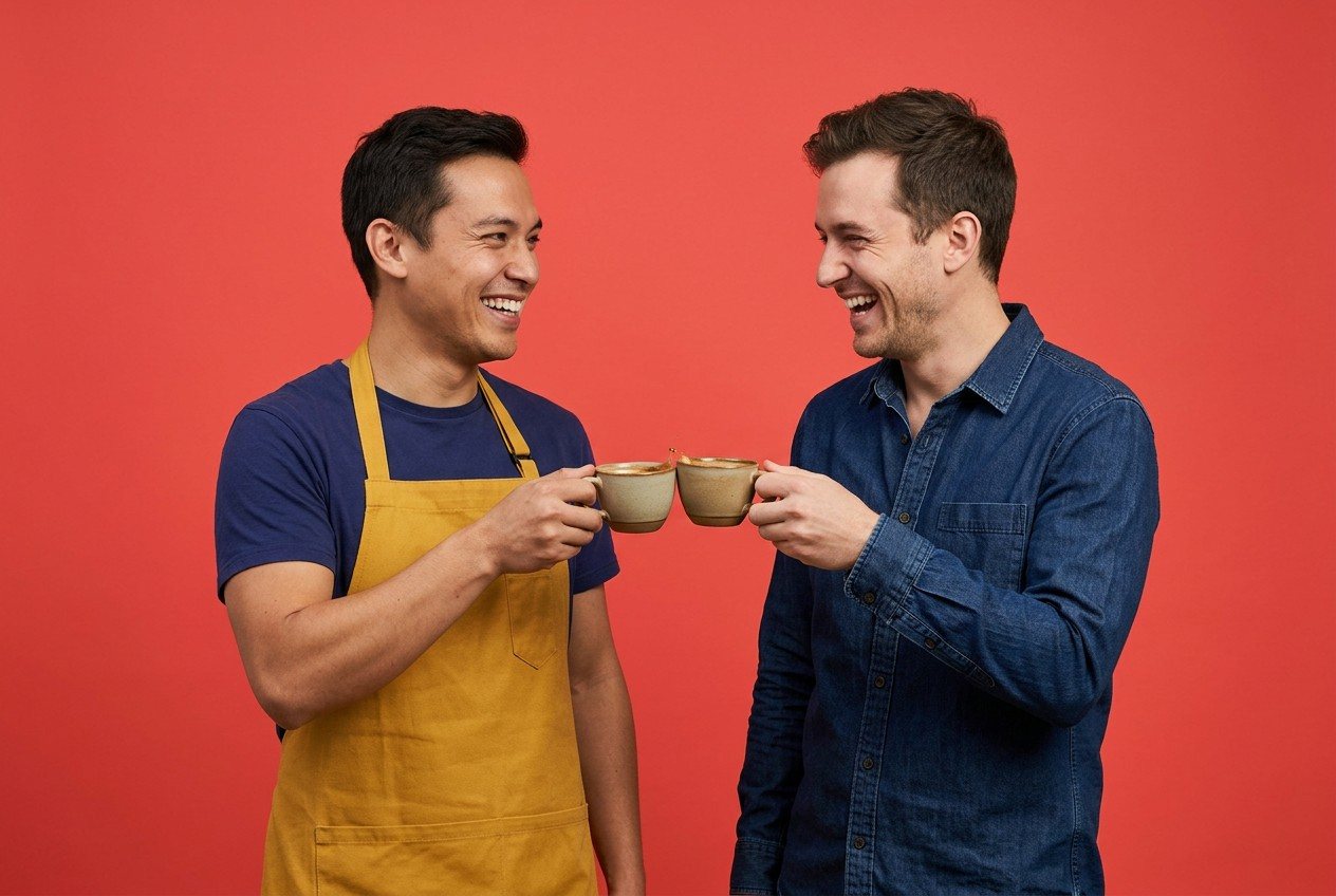 Friends sharing coffee and food cart bites